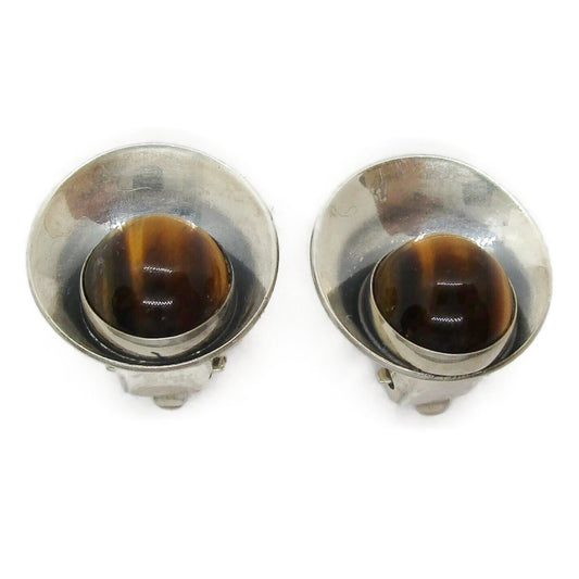 Front view of Niels Erik From Denmark sterling silver and tigers eye clip on earrings
