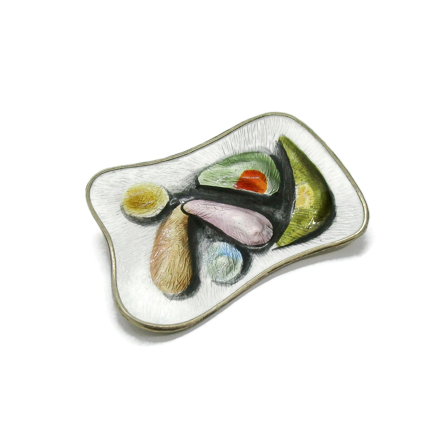 Oystein Balle Norway colourful enamel and sterling silver brooch on a white background
