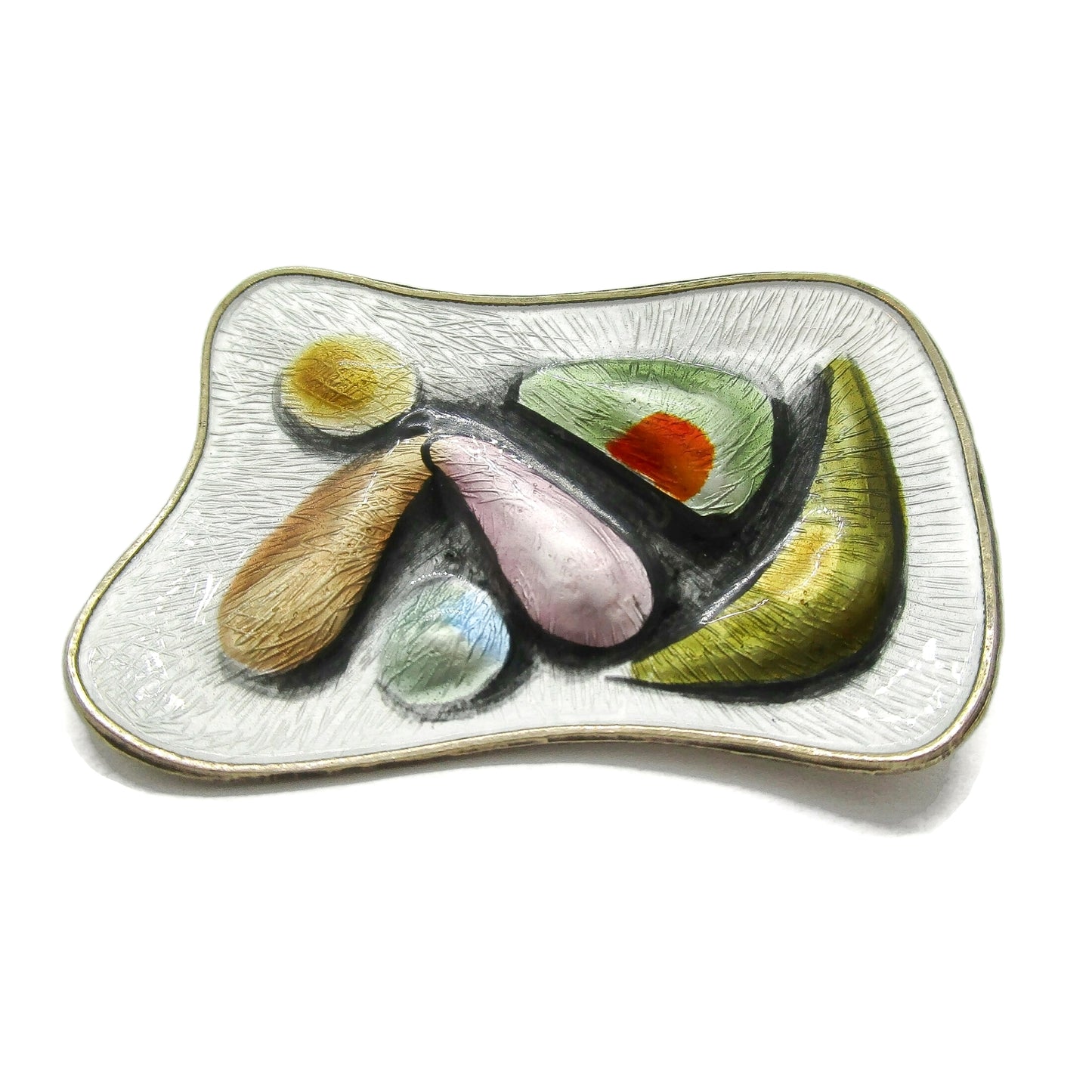 Front view of an Oystein Balle Norway colourful enamel and sterling silver brooch