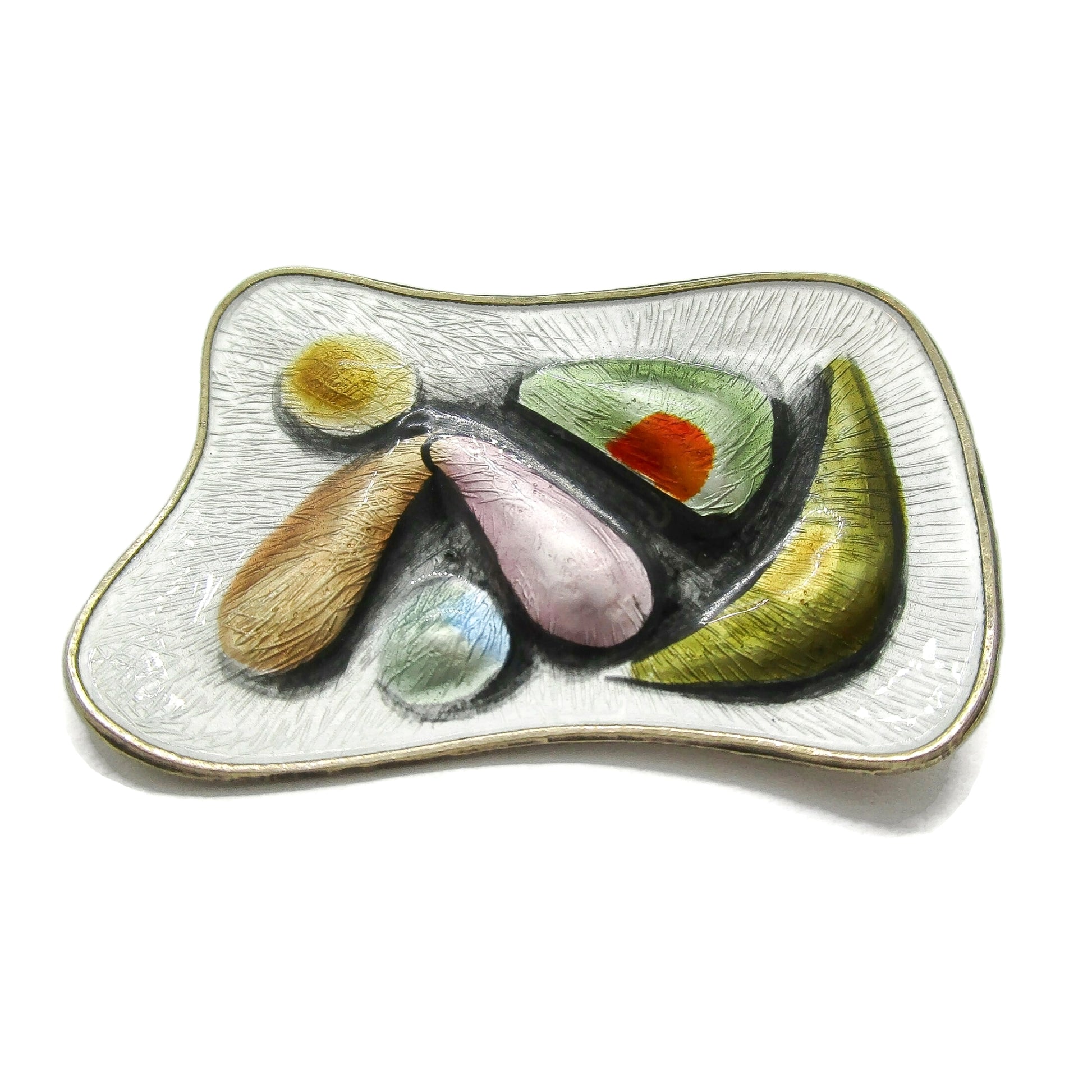 Front view of an Oystein Balle Norway colourful enamel and sterling silver brooch