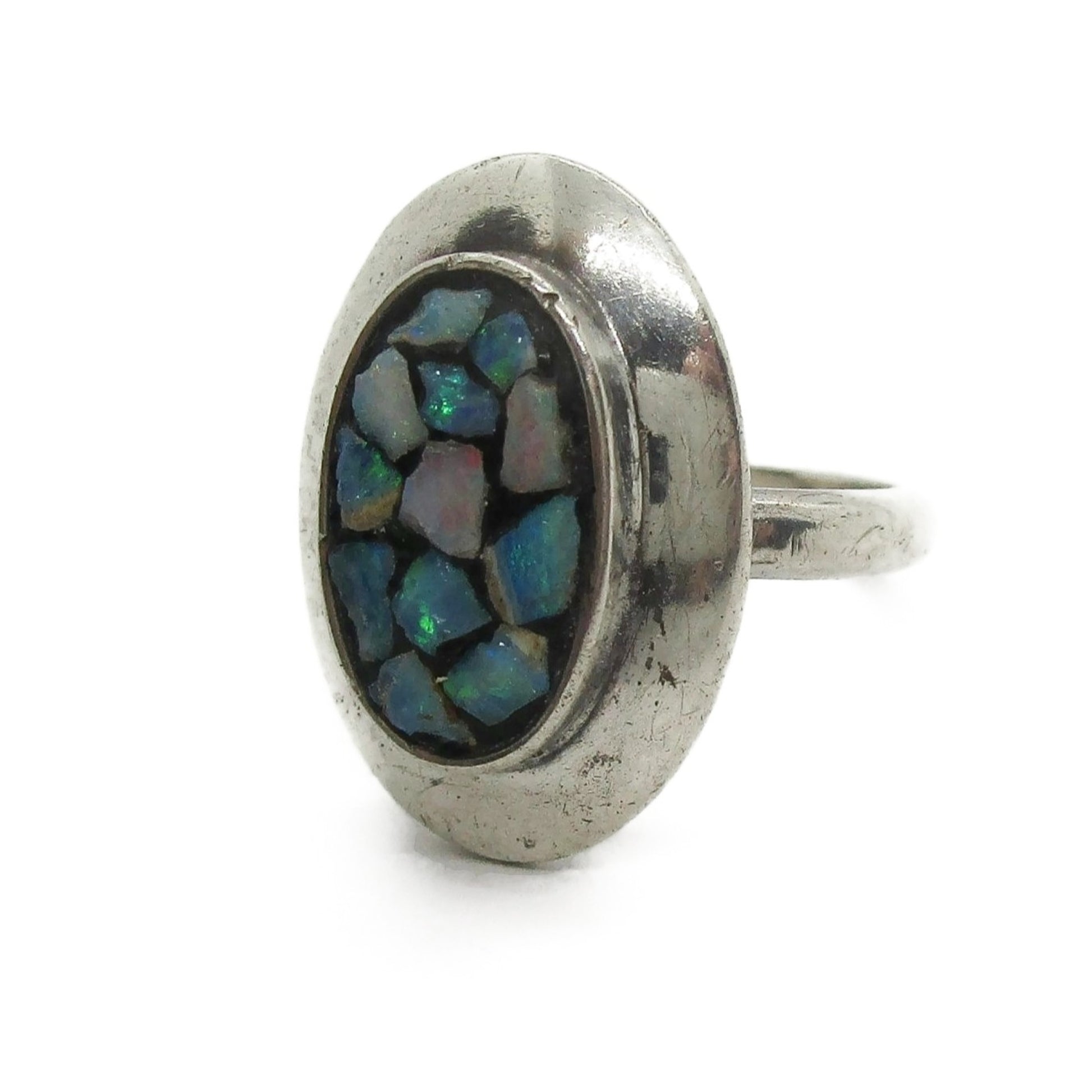 Front view of a Scandia Australia sterling silver and opal chip ring