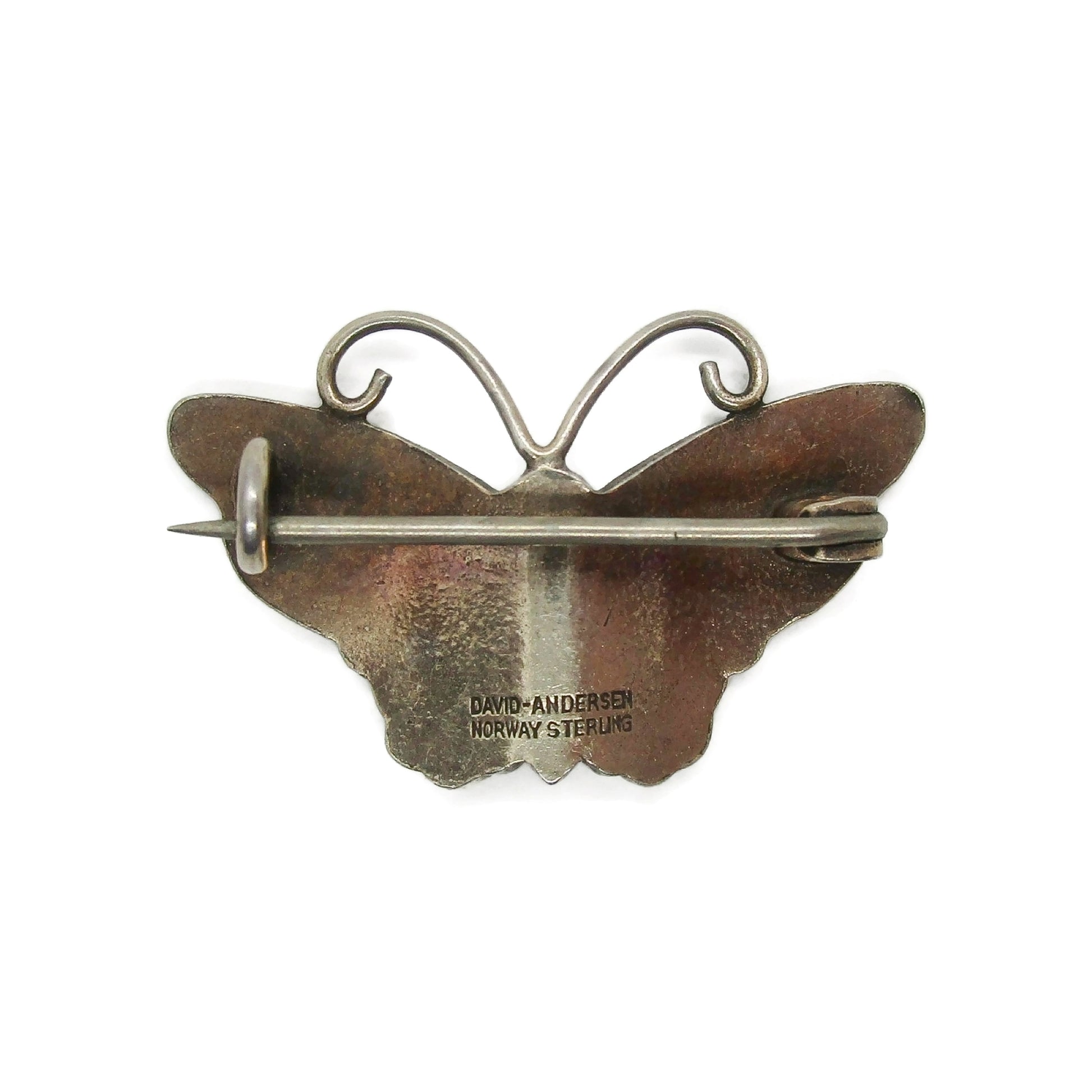 Small David Andersen sterling silver gilt and white enamel butterfly brooch back view showing hallmarks