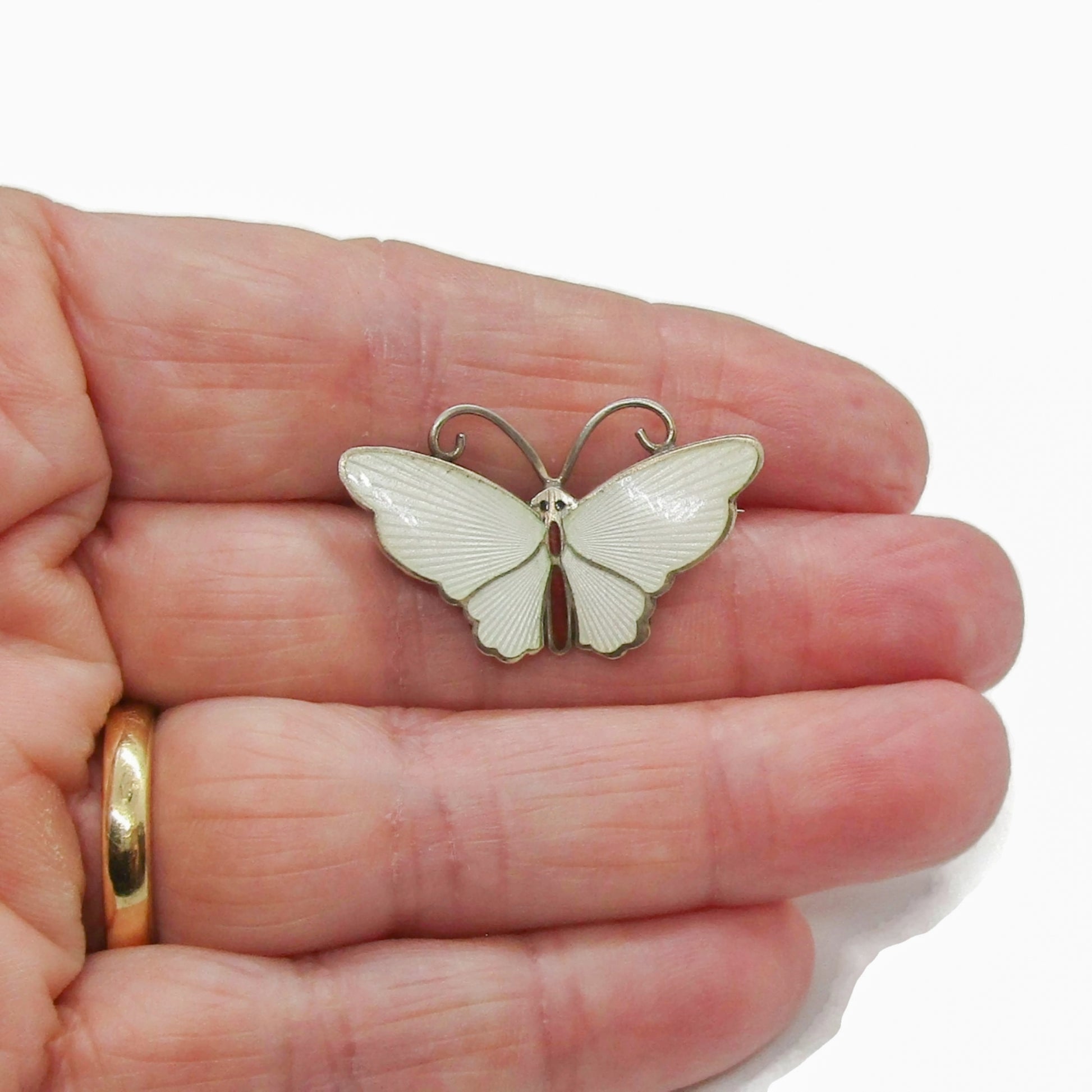 Small David Andersen sterling silver gilt and white enamel butterfly brooch shown held in hand
