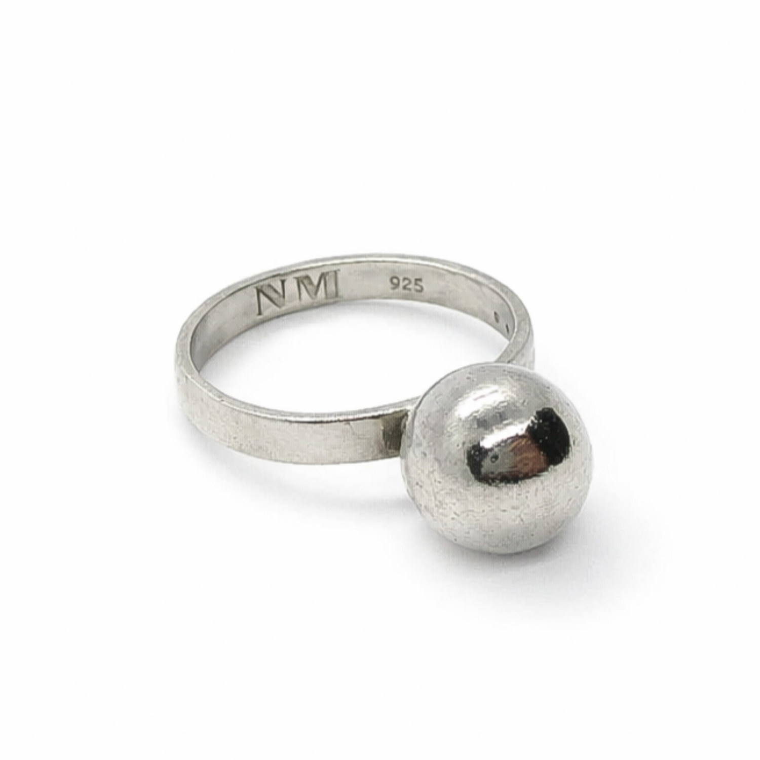 Side view of a vintage sterling silver ball ring showing hallmarks