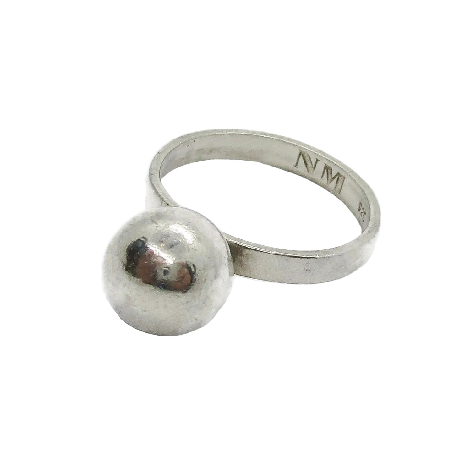 Angled view of a sterling silver ball ring
