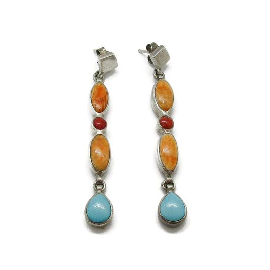 Front view of a pair of sterling silver and semi precious gemstone dangle earrings