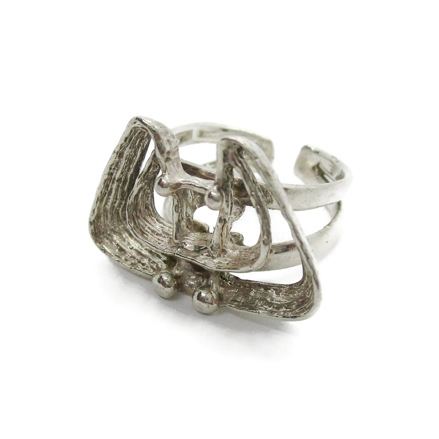 Angled view of Studio Elsa and Paul Norway sterling silver brutalist ring