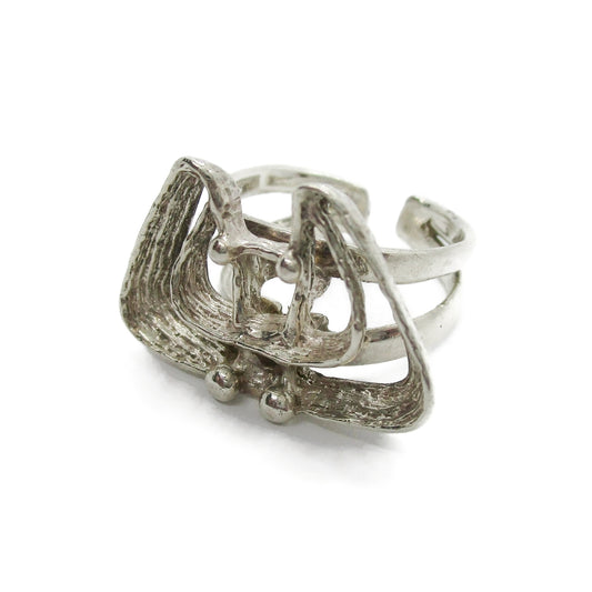 Angled view of Studio Elsa and Paul Norway sterling silver brutalist ring