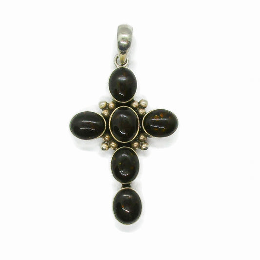 Large vintage sterling silver and amber cross pendant, front view.