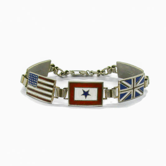 Vintage sterling silver bracelet with USA and UK flags and son in service star, front view