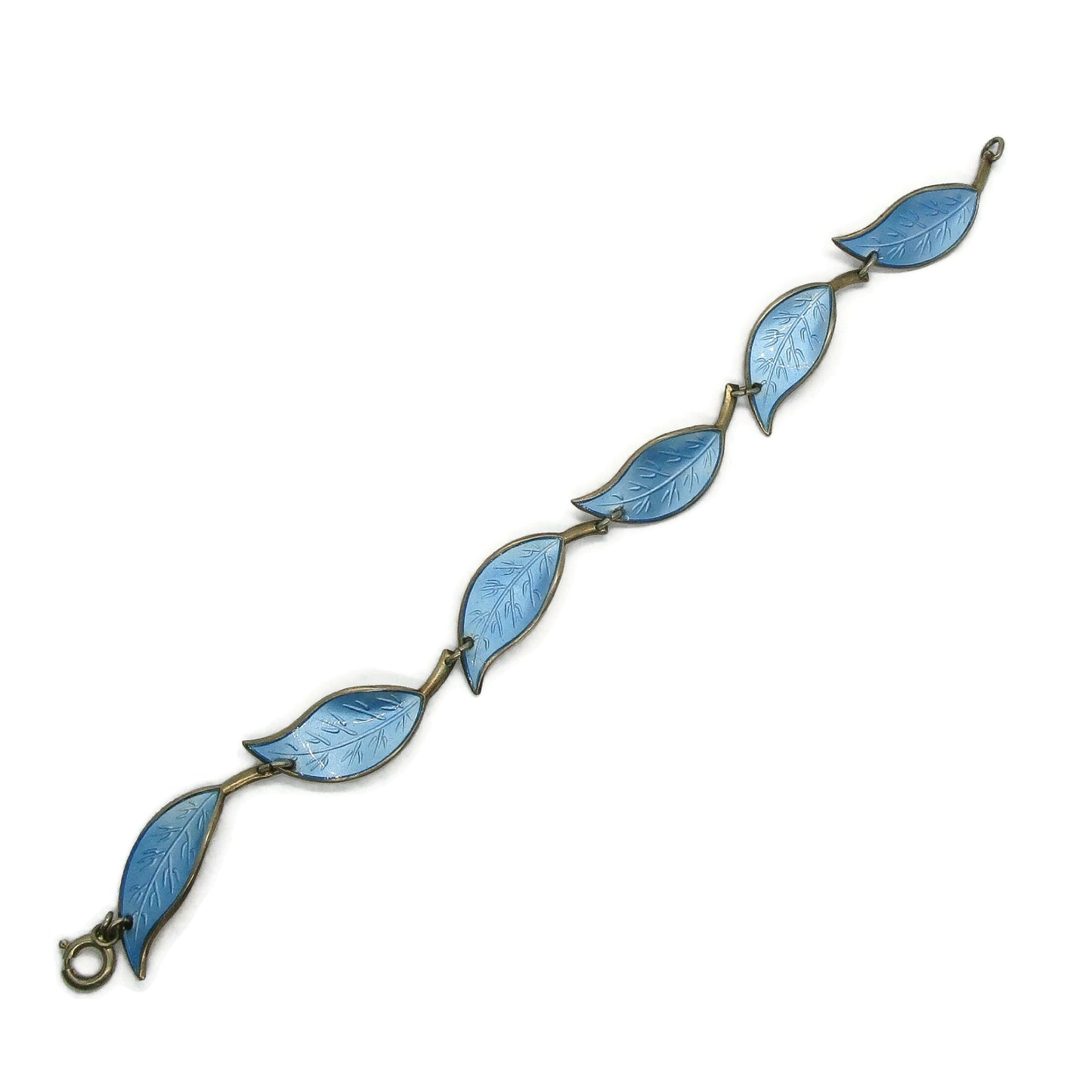 david andersen blue enamel sterling silver leaf bracelet laid flat