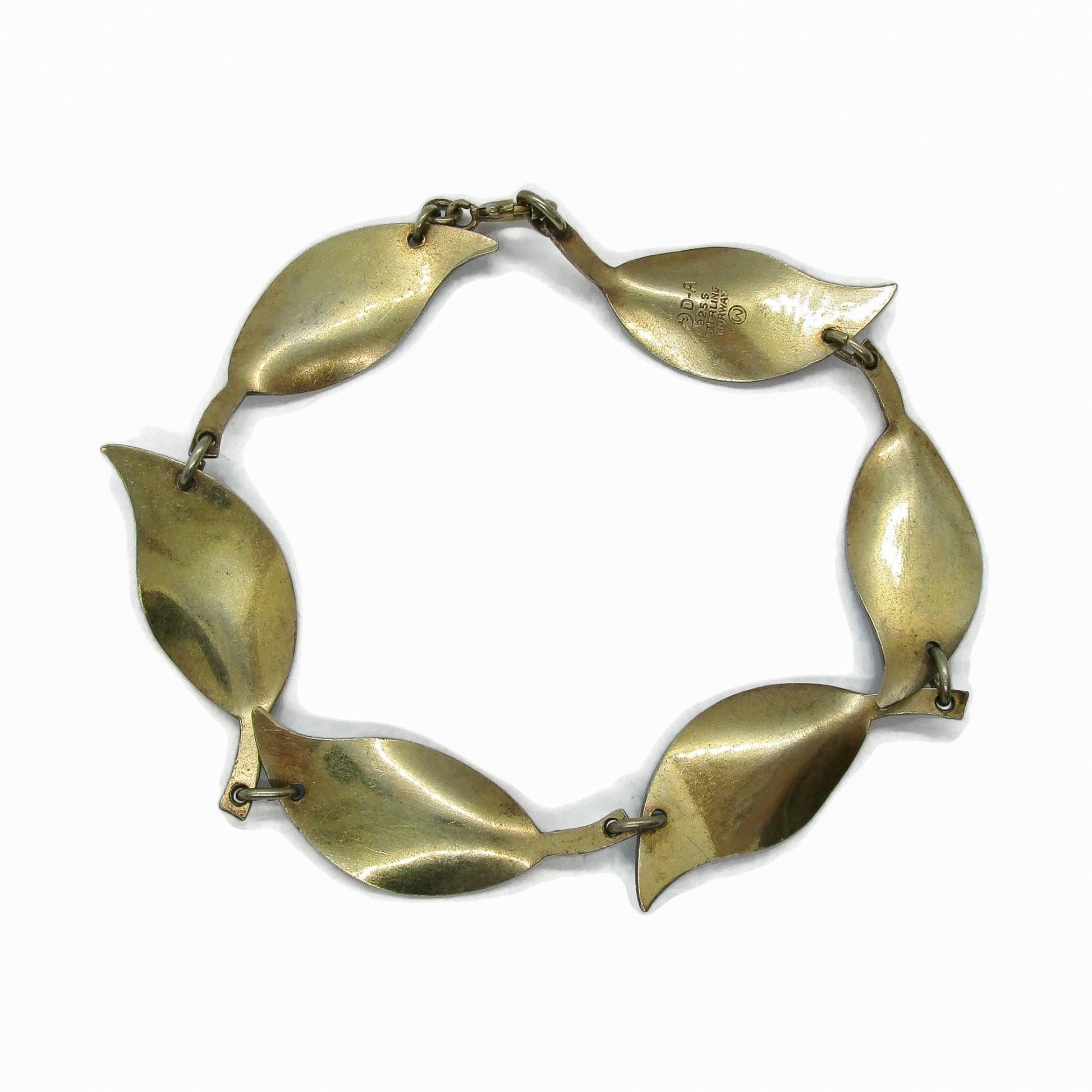 vintage david andersen sterling silver leaf bracelet back view showing hallmarks