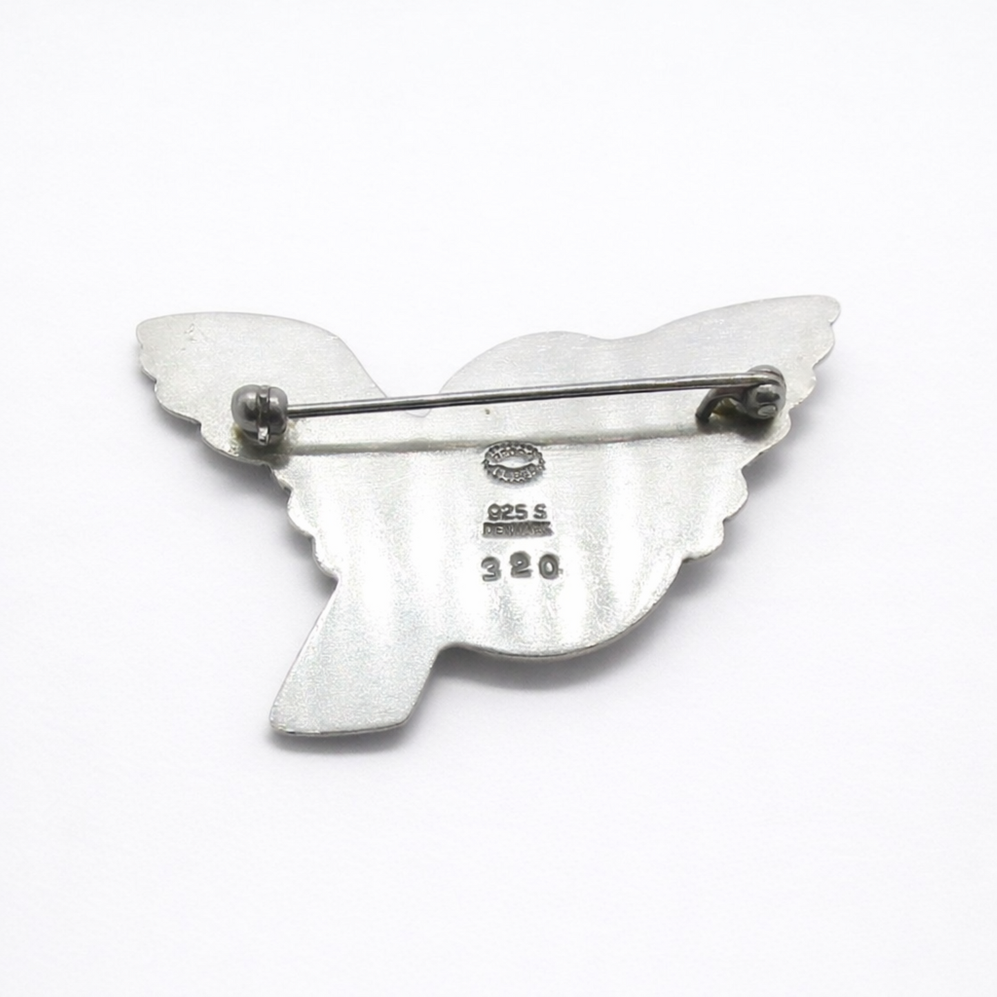 Back view of Georg Jensen Denmark sterling silver bird brooch number 320 showing hallmarks