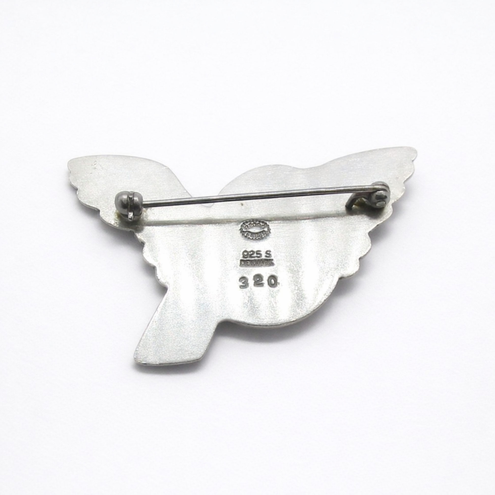 Back view of Georg Jensen Denmark sterling silver bird brooch number 320 showing hallmarks