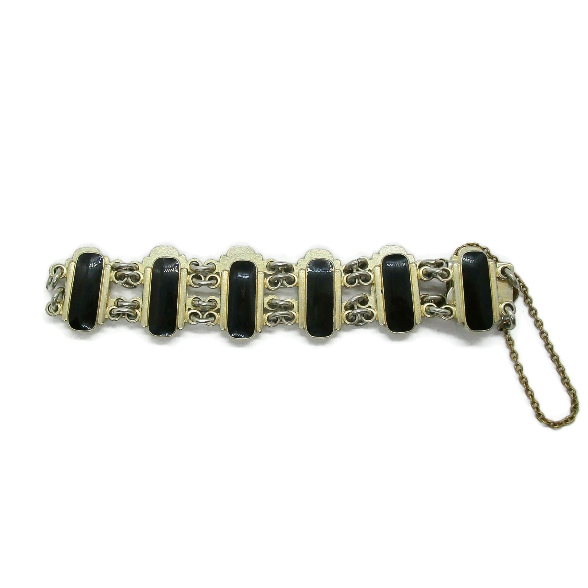 vintage volmer bahner sterling silver black enamel bracelet with safety chain