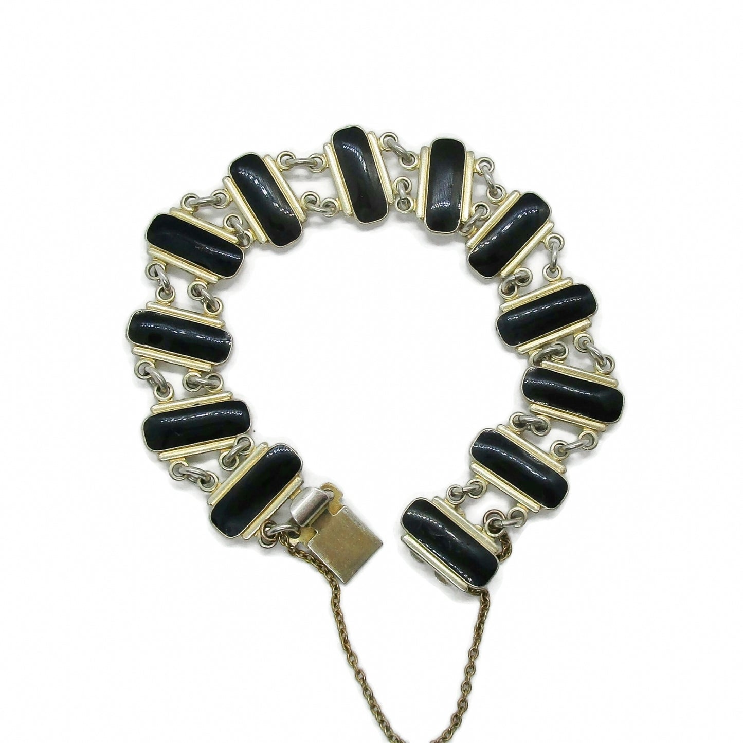 vintage volmer bahner sterling silver black enamel bracelet with safety chain laid flat