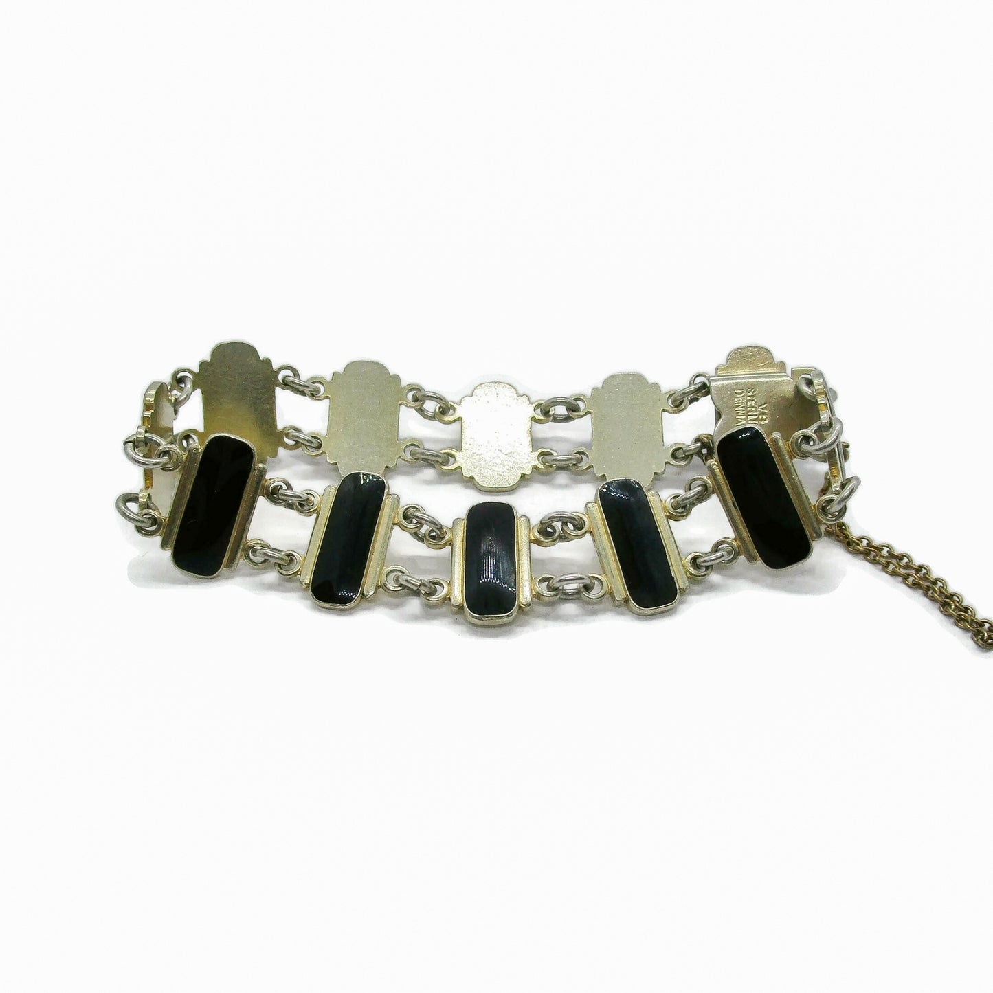 vintage volmer bahner sterling silver bracelet with black enamel scalloped links and safety chain

